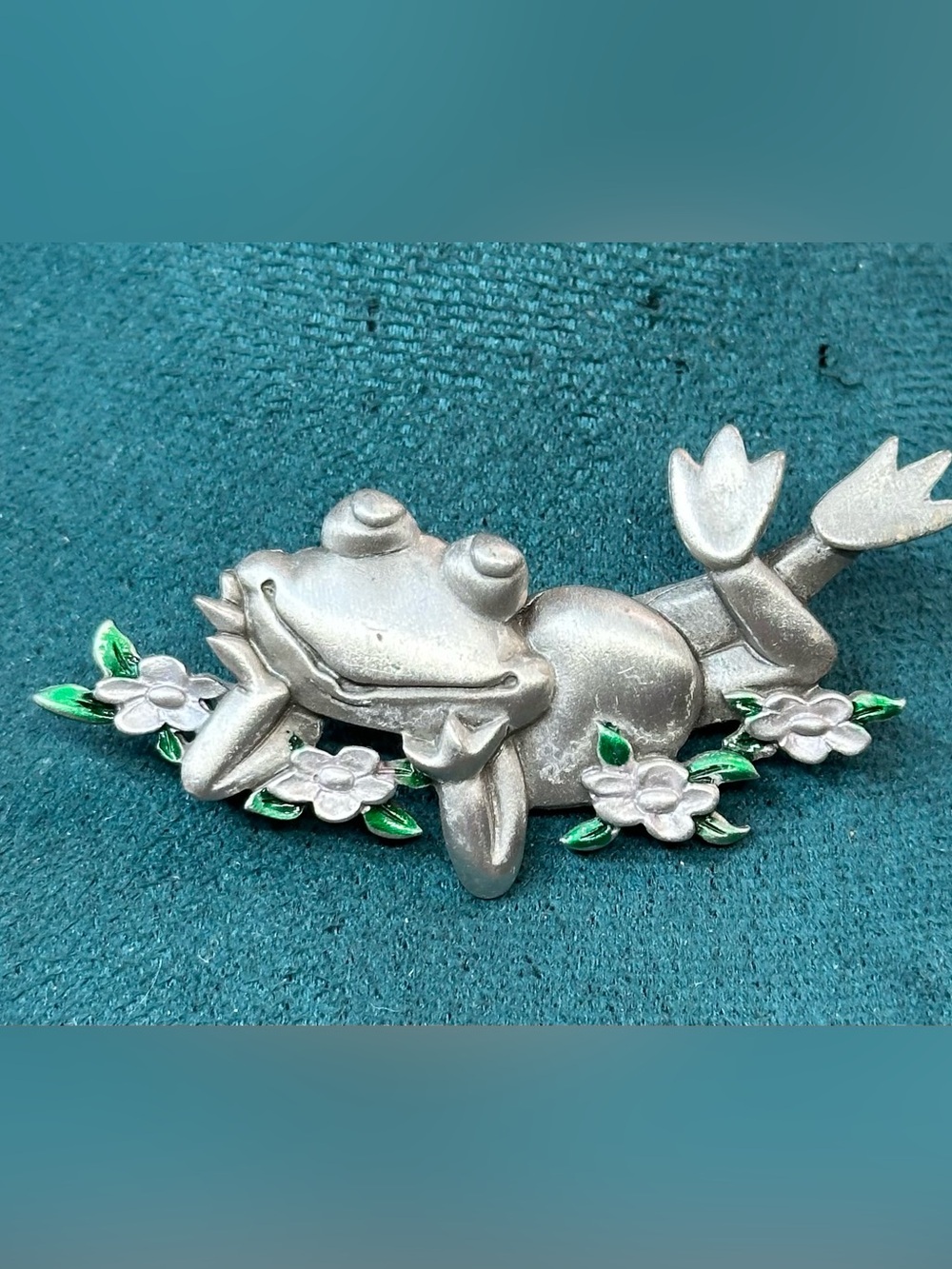 JJ Signed Pewter Frog Brooch Pin - Teal Accent
